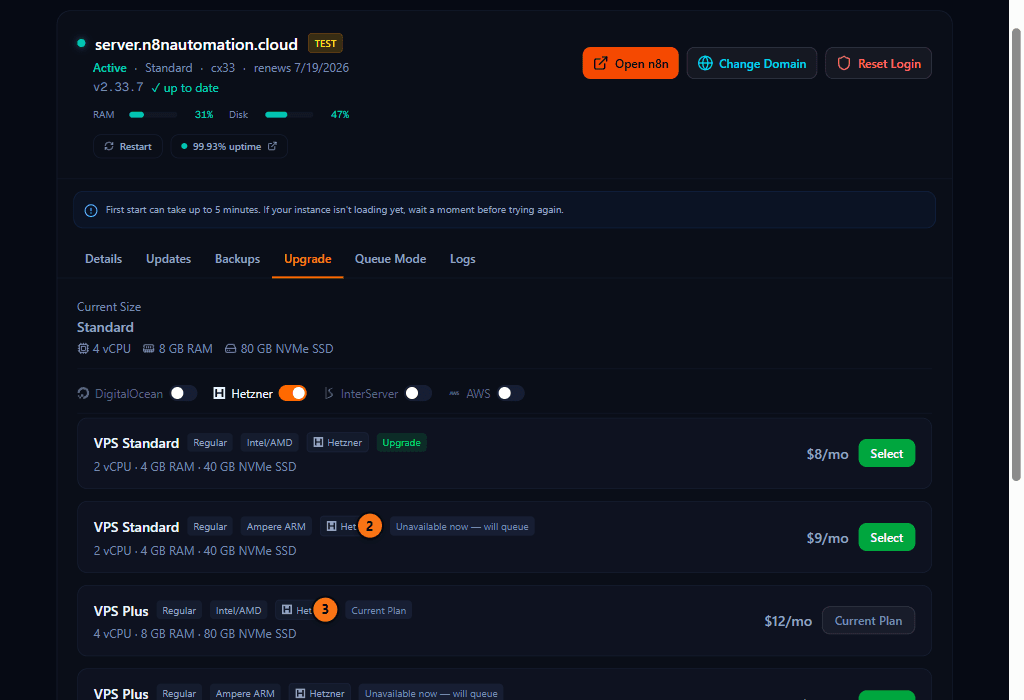 Upgrade tab showing provider toggles and a plan list with a queued-capacity badge and the current plan marked